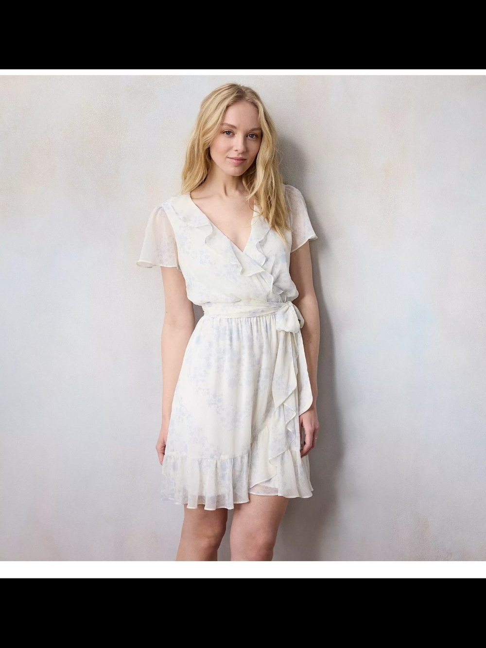 NWOT Lauren Conrad Women's Cream Light Blue Floral Wrap Dress with Ruffle Detail